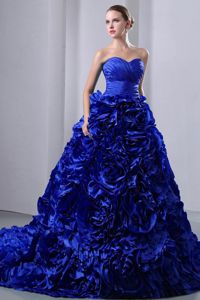 Royal Blue Ruched Sweetheart Brush Dress For Quinceanera with Flowers
