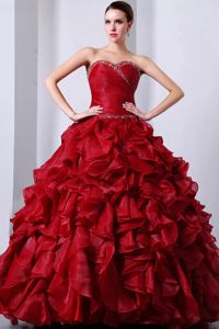 Sweetheart Wine Red Beaded Long Quince Dresses with Ruffles in Skokie