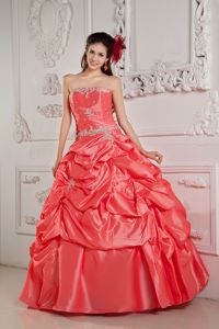 Watermelon Beaded Strapless Long Dresses For Quinceanera with Pick-ups