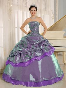 Multi-color Strapless Long Quinceanera Gown with Pick-ups and Appliques
