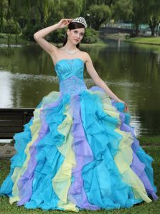 Colorful Appliqued Strapless Floor-length Quinces Dresses with Ruffle-layers