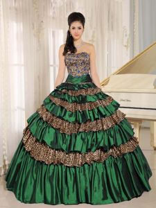 Leopard Green Beaded Strapless Long Quince Dresses with Ruffled layers