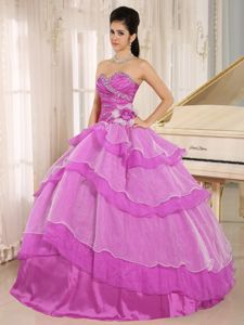 Lavender Beaded Sweetheart Quince Dresses with Ruffle-layers and Flower