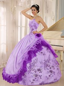 Lilac Asymmetrical Appliqued Long Quince Dresses with Ruffles and Flower