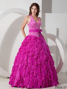 Fuchsia Embroidery Halter Long Quinceanera Gowns with Bow and Ruffles