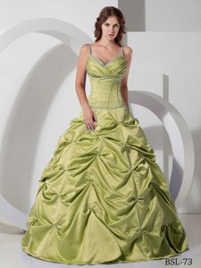 Yellow Green Long Quinceanera Gown with Pick-ups and Spaghetti Straps