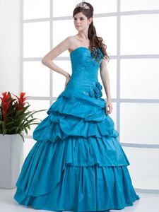 Teal Sweetheart Long Quinceanera Gown Dress with Flowers and Pick-ups