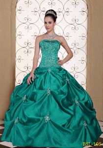 Peacock Green Strapless Long Quince Dress with Embroidery and Pick-ups