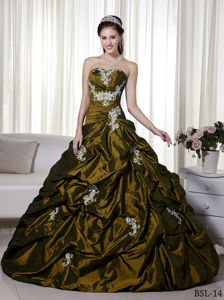 New Olive Green Applique Strapless Long Quinceanera Dress with Pick-ups