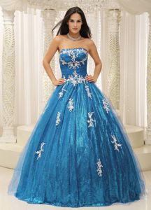 Teal Paillette Over Skirt Strapless Full-length Quinces Dress with Appliques