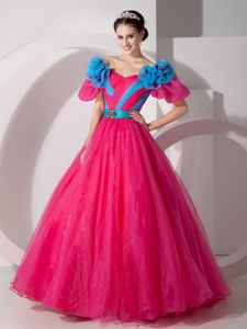 V-neck Red Full-length Quinceanera Gowns with Blue Flowers in Bethesda