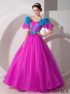 Fuchsia V-neck Floor-length Quinceanera Gown Dresses with Blue Flowers