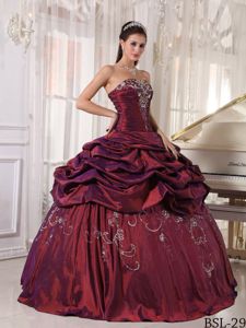 Strapless Burgundy Long Quinceanera Gown with Pick-ups and Embroidery