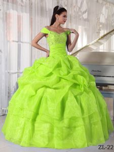 Yellow Green Off The Shoulder Beaded Long Quince Dresses with Pick-ups