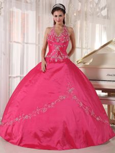 Hot Pink Appliqued Halter Floor-length Quinceanera Gown Dress in Boston