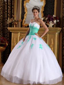 White Sweetheart Quinceanera Gowns with Green Appliques for Ladies