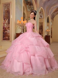Baby Pink Ruffled Layers and Handle Flowers Quinceanera Gown in Athens