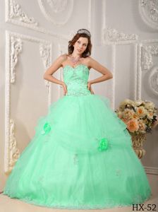 Handle Flowers and Lace Decorated Apple Green Sweet 15 Dress for Quince