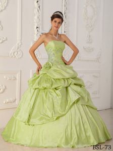 Appliques and Pick Ups Flower Dress For Quinceanera in Yellow Green