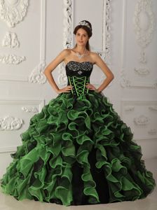 Black and Green Ruffled and Beaded Quinceanera Gown in Auburn