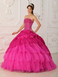 Coral Red Strapless Floor-length Quince Dress with Pick-ups and Beading