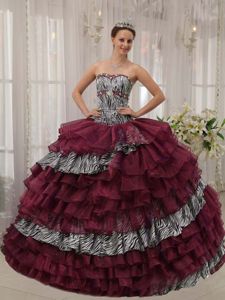 Sweetheart Floor-length Burgundy Quince Dress with Ruffles and Pattern