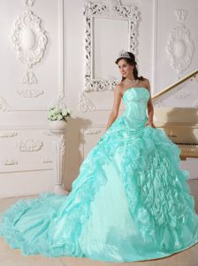 Apple Green Strapless Quinceanera Dress with Chapel Train and Pick-ups