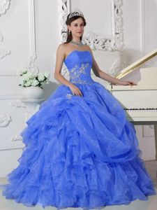 Aqua Blue Ruffled Strapless Princess Dress for Quince with Appliques