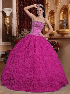 Fuchsia Strapless Sweet Sixteen Dresses with Rolling Flowers in Aptos