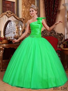 Ruched One Shoulder Floor-length Sweet Sixteen Dress in Spring Green