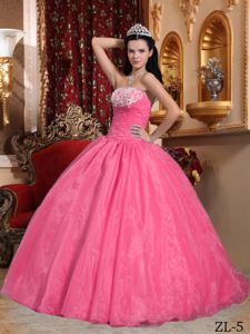 Watermelon Strapless Quinceanera Dresses with Appliques and Ruches