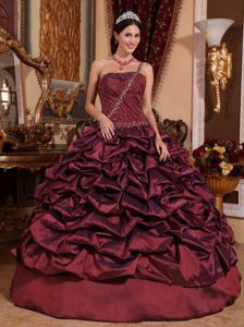 One Shoulder Dresses for Quince in Burgundy with Pick-ups and Beading