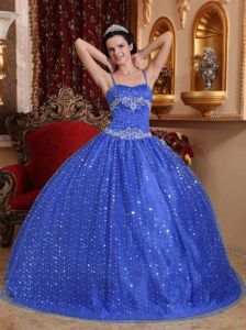 Royal Blue Spaghetti Straps Floor-length Sweet 15 Dresses with Sequins