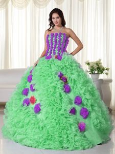 Ruffled Strapless Dress For Quinceanera in Green with Flowers in Stuart