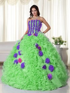 Best Green Ruffled Quinceanera Gowns with Purple Hand Made Flowers
