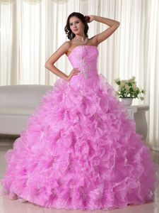 Strapless Floor-length Pink Quinceanera Dress with Appliques and Ruffles