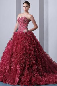 Sweetheart Dress For Quinceanera in Wine Red with Beading and Ruffles
