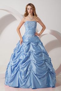 Strapless Quince Dresses in Light Sky Blue with Embroidery and Pick-ups