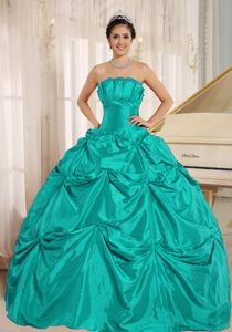 Latest Turquoise Strapless Floor-length Sweet Sixteen Dress with Pick-ups