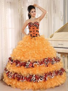 Orange Sweetheart Floor-length Quinces Dresses with Ruffles and Pattern