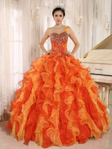 Beaded and Ruffled One Shoulder Orange Sweet 15 Dresses in Gainesville