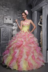 Lovely Yellow and Pink Strapless Sweet 15 Dress with Ruffles and Flowers
