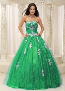 Green A-line Strapless Quinceanera Dress with Appliques and Sequins in Vail