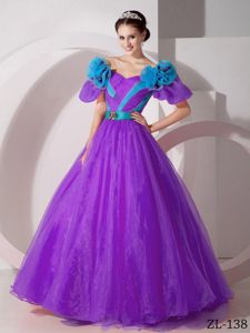 Off the Shoulder A-line Floor-length Purple Quinceanera Gowns with Flowers