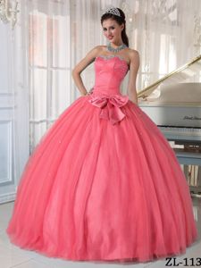 Noble Simple Watermelon Sweetheart Tulle Beading and Bowknot Quinceanera Dress