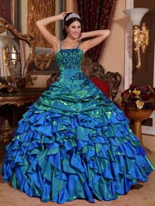 Ruffled Blue Straps Embroidery and Beading Decorated Quinceanera Dress in Oshkosh
