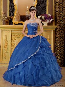 Blue Strapless Floor-length Organza Appliques Quinceanera Dress in Appleton WI