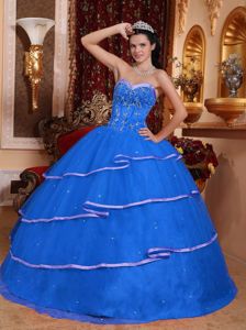 Blue Sweetheart Beaded Satin and Tulle Lace-up Quinceanera Dress in Charleston