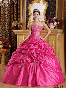 Amazing Hot Pink Strapless Pick-ups and Embroidery Quinceanera Gown Dress