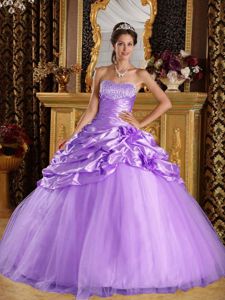 Lavender Taffeta and Tulle Beading and Flowers Puffy Quinceanera Gown Dress